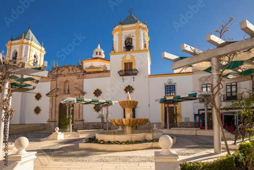 Ronda, Andalusia, Spain - March 16, 2023: View of the Plaza del Socorro and the fountain, the famous place of the old town