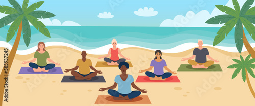 Beach yoga class. Multiethnic group of people men and women doing yoga asanas on sandy beach. Healthy lifestyle, active recreation. Open air workout, physical exercising. Flat vector illustration