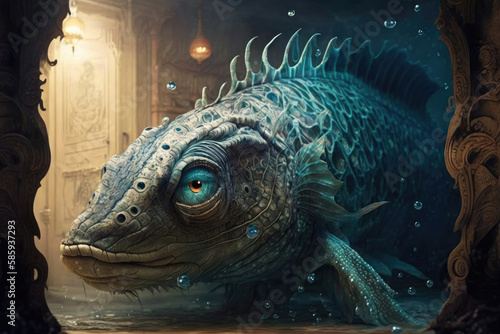 big scaly fish with big round eyes guards a sunken ruin created with Generative AI technology © StockMedia