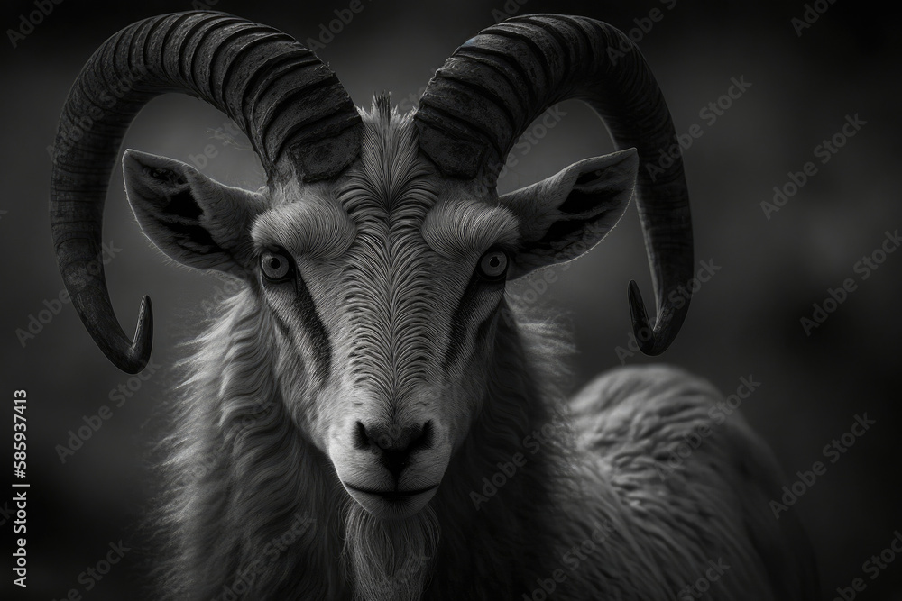 black and white picture of mouflon with sinuous horns created with Generative AI technology