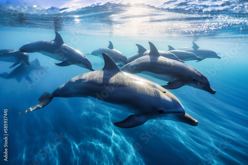 A school of playful dolphins racing through the waves under a cloudless sky © Nilima