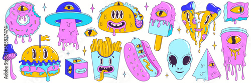 Psychedelic cartoon sticker set.  Modern character burger, pizza, soda, hot dog, tacos, ice cream, donut, french fries. Funny faces with distorted eyes and vibrant colors. Flowing texture. Crazy eyes.
