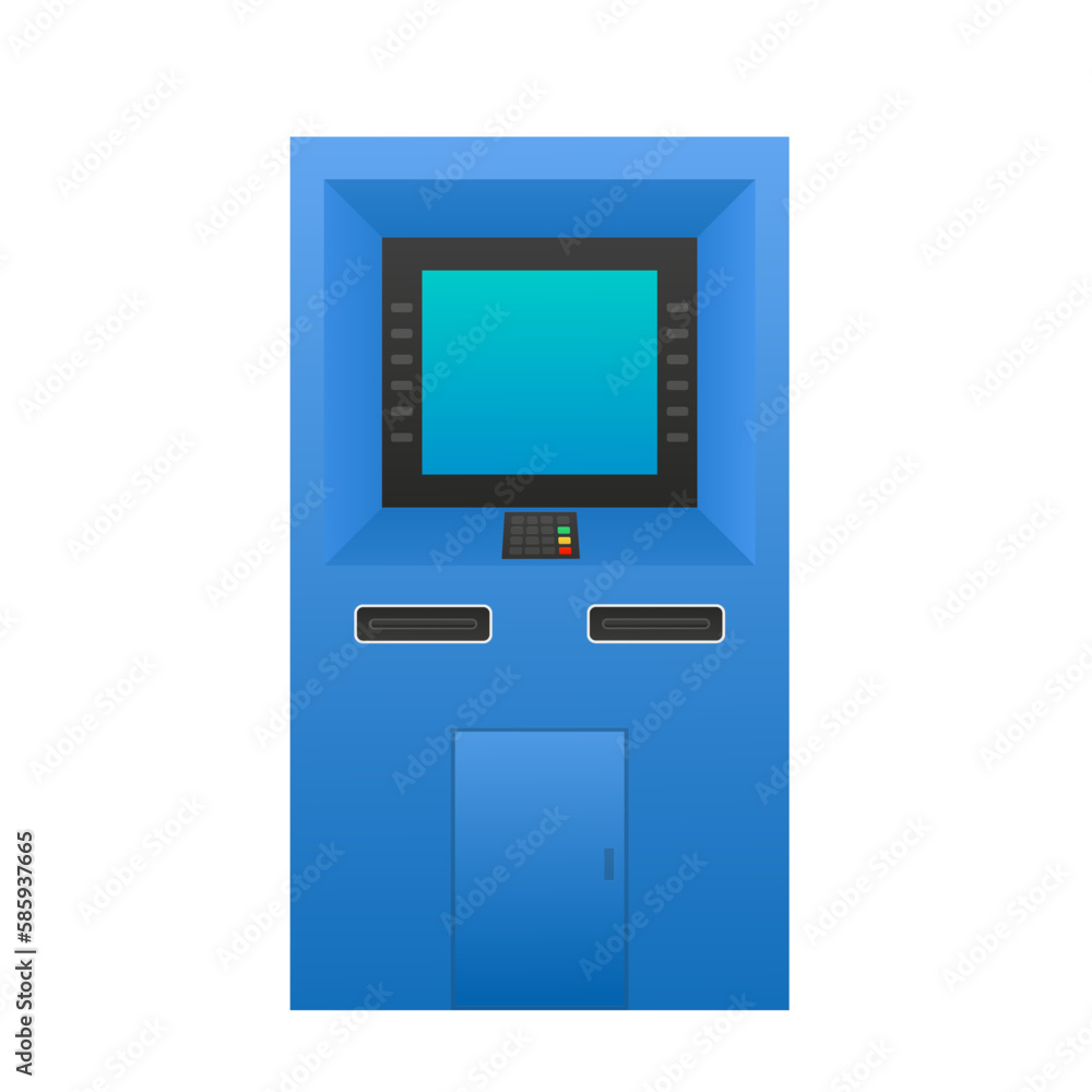 Blue ATM Payment Terminal. Flat design of ATM terminal usage concept. Business cashpoint, deposit, Withdrawing money with card concept. Vector illustration Blue ATM Payment Terminal. Flat design of ATM terminal usage concept. Business cashpoint, deposit, Withdrawing money with card concept. Vector illustration