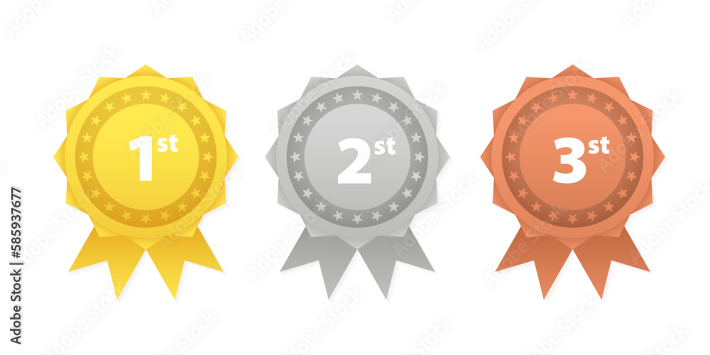 A medal for first, second and third place. Game champion prize badges, metal rewards with red ribbons vector set. First, second and third place in competition. Vector illustration A medal for first, second and third place. Game champion prize badges, metal rewards with red ribbons vector set. First, second and third place in competition. Vector illustration