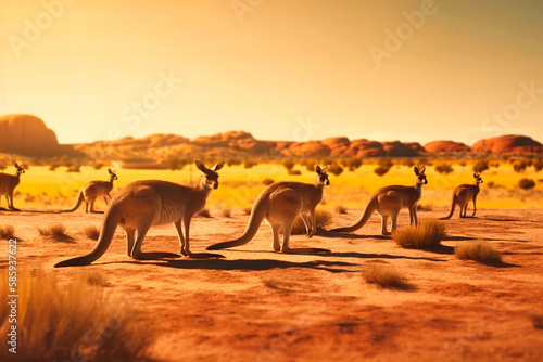 A group of friendly kangaroos hopping across a vast  sun-kissed outback