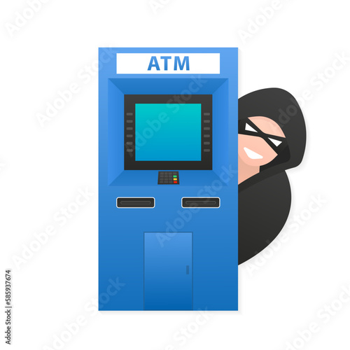 Blue ATM Payment Terminal. Flat design of ATM terminal. Thief A hacker steals confidential data and money from an ATM. Fishing, ATM skimming. Business cashpoint, deposit. Vector illustration