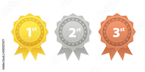 A medal for first, second and third place. Game champion prize badges, metal rewards with red ribbons vector set. First, second and third place in competition. Vector illustration