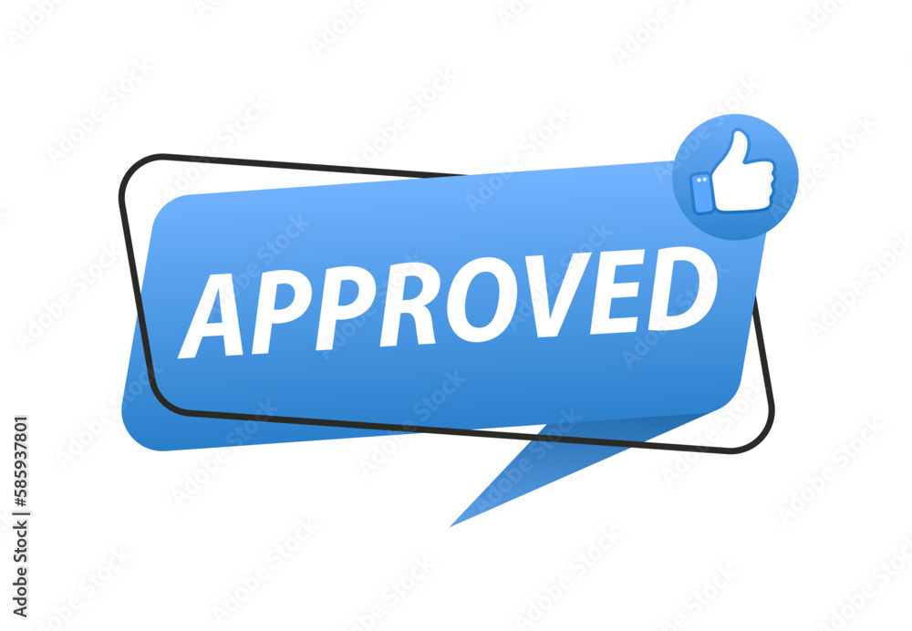 Approved flag label with thumbs up icon. Approved flag of quality check icon. Featured product with logo for promotion. Modern Web Banner Element. Vector illustration