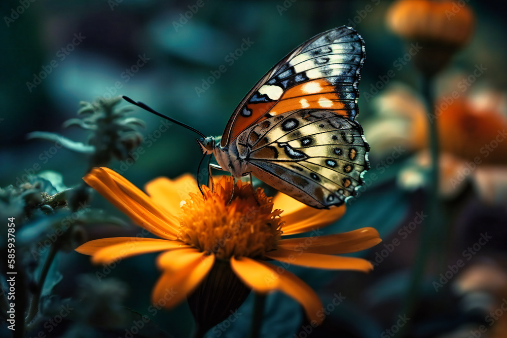 Obraz premium A colorful butterfly perched on a blooming flower in a lush garden