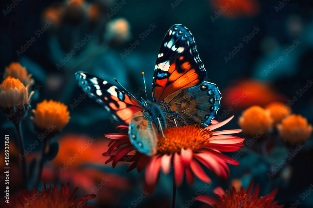 A colorful butterfly perched on a blooming flower in a lush garden A colorful butterfly perched on a blooming flower in a lush garden