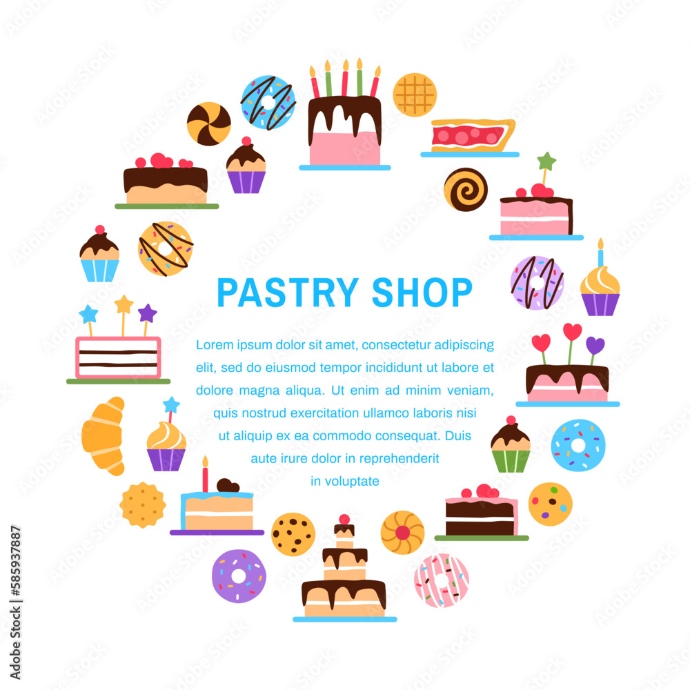 Pastry shop circle frame on white background with text space. Colorful baked healthy sweet food border concept design. Dessert elements donut cake muffin. Cafe breakfast menu flat vector illustration.