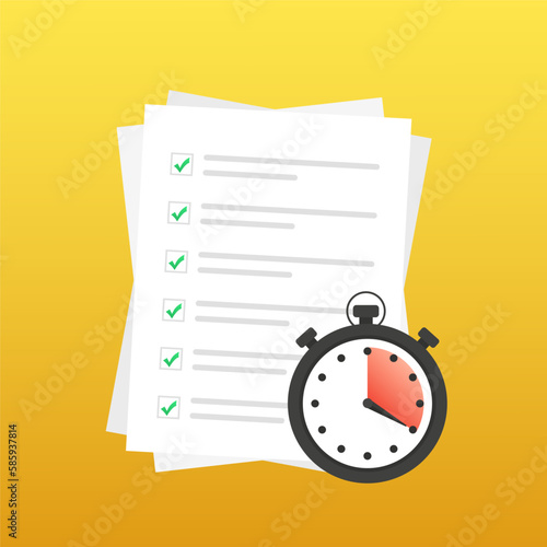 Speed and fast time symbol. Stop watch, checklist icon for service fast and shipping. Quick survey. Fast Planning and clock icon. Documents with a watch. Timer icon. Vector illustration