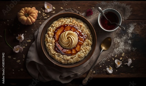  a bowl of oatmeal topped with a caramel swirl.  generative ai