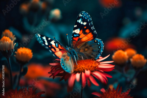 A colorful butterfly perched on a blooming flower in a lush garden