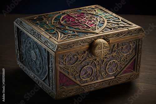 jewelry box with elaborate pattern and red accents, made of wood, round knob to open created with Generative AI technology