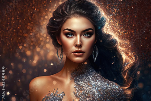 beautiful woman with long brown hair and blue eyes in a glittery silver dress, sensual opened lips and big glittery earrings created with Generative AI technology