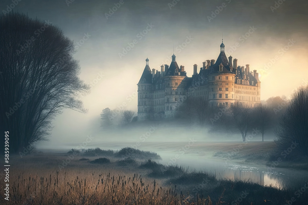 view over a river to a magnificent castle with many windows, fog on the shore, trees around the castle created with Generative AI technology