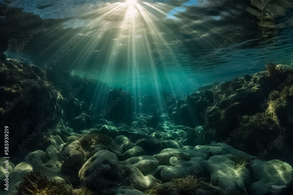 View underwater to surface ocean, sunbeam penetrate through the top layer of the ocean, illustration. Generative AI. Undersea, marine, world ocean, nature and water, image