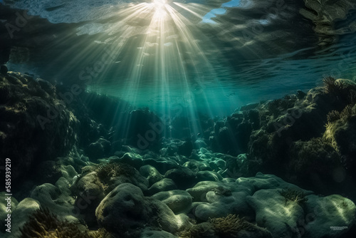 View underwater to surface ocean, sunbeam penetrate through the top layer of the ocean, illustration. Generative AI. Undersea, marine, world ocean, nature and water, image © artsterdam