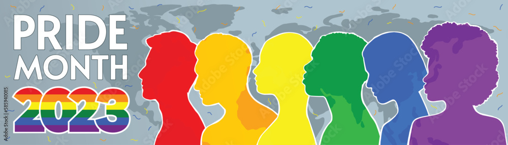 Pride month 2023 long banner. People from different ethnic groups in rainbow-colored clothes are against the map. LGBT community. Human rights. LGBTQ. Flat vector modern illustration.
