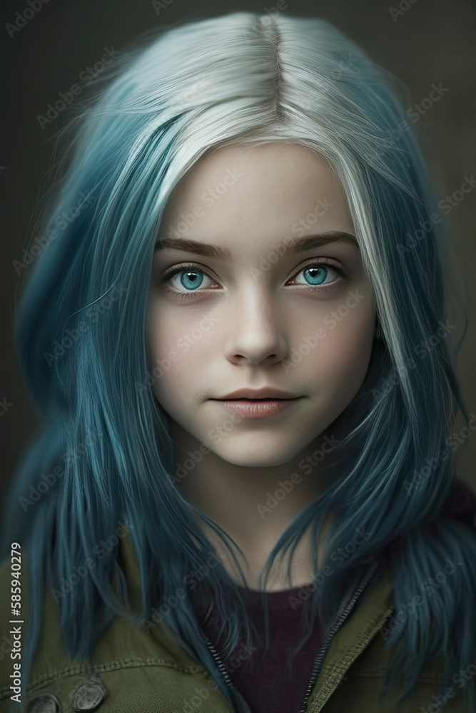 little girl with bright ice blue eyes and white bluish hair created with Generative AI technology little girl with bright ice blue eyes and white bluish hair created with Generative AI technology
