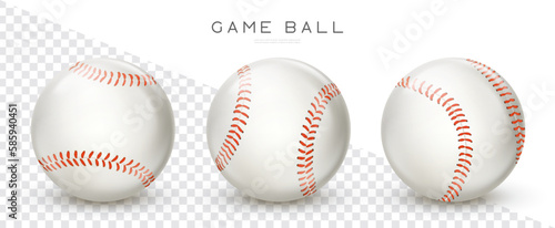 Baseball leather Balls set. Vector realistic Softball icons. Sport game equipment isolated on transparent background