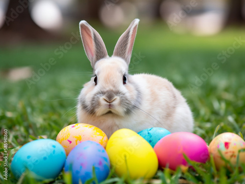 Cute Easter Bunny sitting on a lush  green grass  with an array of colorful eggs arranged artfully in front of it. - Generative AI