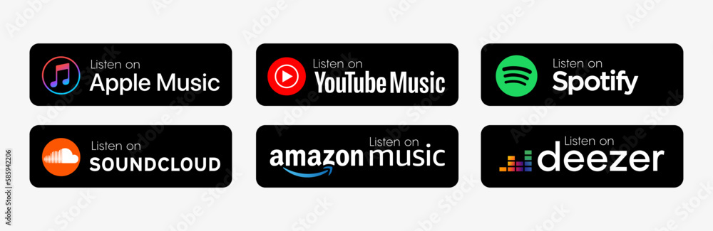 Popular Music streaming services listen on badges set. Apple Music,  Spotify, Youtube Music, Amazon music, deezer and Soundcloud. Simple,  vector. icon for website design, and mobile app. Black button. Stock Vector