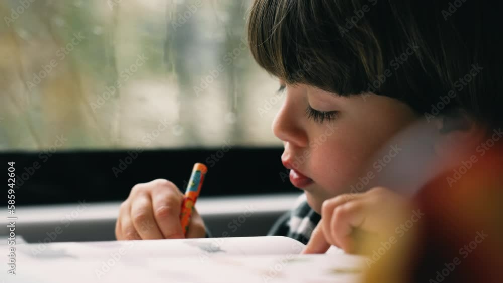 One small boy doing homework while traveling by train. Closeup focused child drawing on paper with coloring pen. Early learning. Kindergarten age One small boy doing homework while traveling by train. Closeup focused child drawing on paper with coloring pen. Early learning. Kindergarten age
