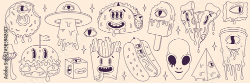 Psychedelic cartoon sticker set. Modern character burger, pizza, soda, hot dog, tacos, ice cream, donut, french fries. Funny faces with distorted eyes. Monochrome palette. Flowing texture. Line art.