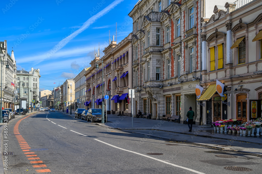Petrovka street in Moscow, Russia. Architecture and landmarks of Moscow. Cozy cityscape of Moscow