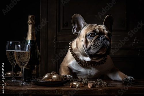 French Bulldog drinking champagne on New Year's Eve party. Generative AI © FryArt Studio