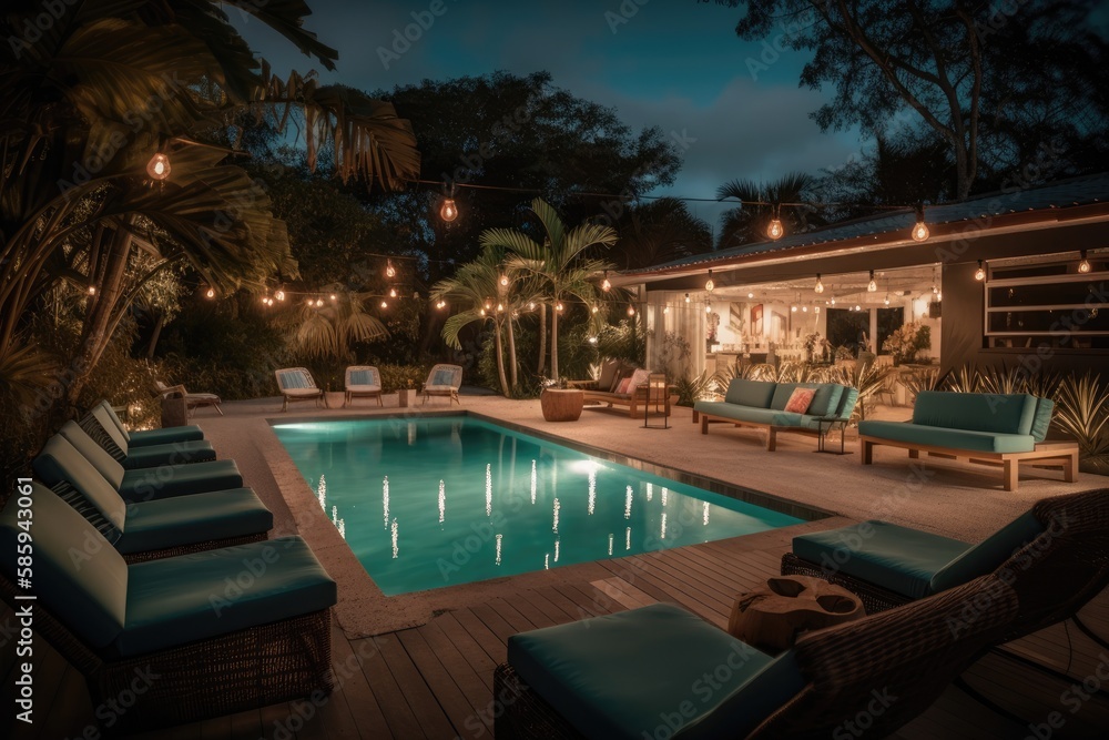 Scene in the evening with couches and lounge chairs by the pool. Generative AI