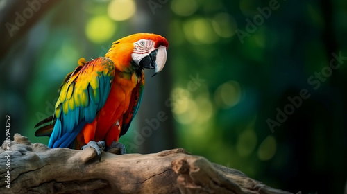 Closeup Scarlet macaw parrot standing on wooden branch on the Blurred green forest background.