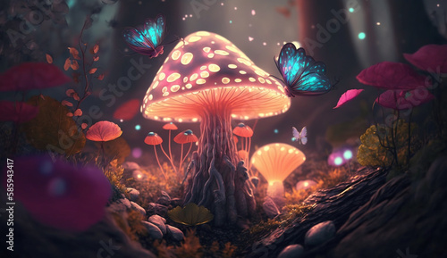 Fantasy Magical Mushrooms and Butterfly in enchanted Fairy Tale dreamy elf Forest