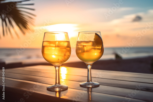 Cocktails on a Wooden Table in a Beach Bar  Tropical Beach and Sunset in Background  AI Generated Image