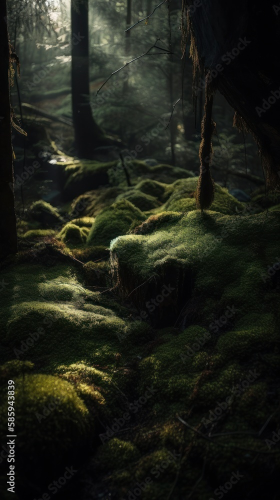 The Secret World of Moss in the Forest. Gen AI. The Secret World of Moss in the Forest. Gen AI.