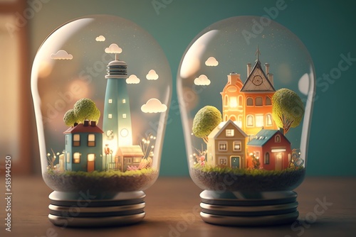 realistic light bulb cute mini city, mini world