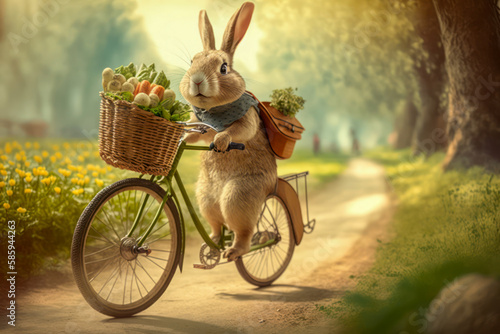 Easter bunny rides his bike around. Generative AI