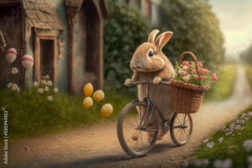 Easter bunny rides his bike around. Generative AI