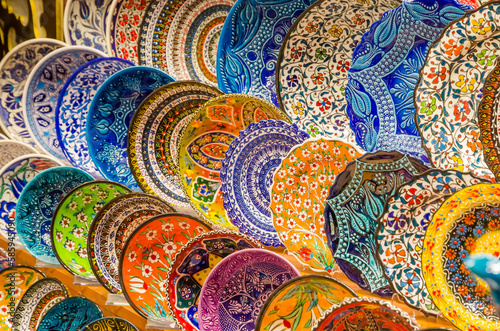 Traditional Turkish colorful ceramic souvenirs at Bazaar in Istanbul, Turkey.