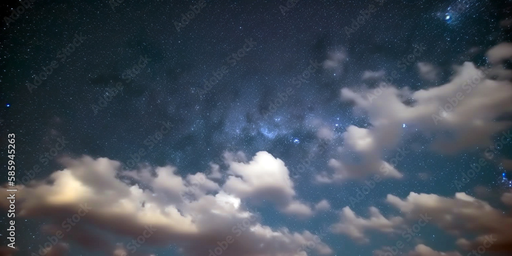 Night sky with clouds and stars. Blue sky, white clouds. Look up to the sky. Design created by Generative AI