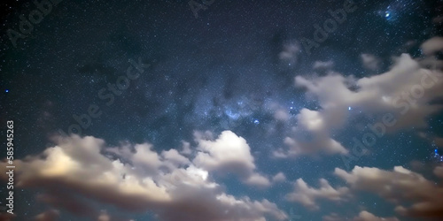 Night sky with clouds and stars. Blue sky  white clouds. Look up to the sky. Design created by Generative AI