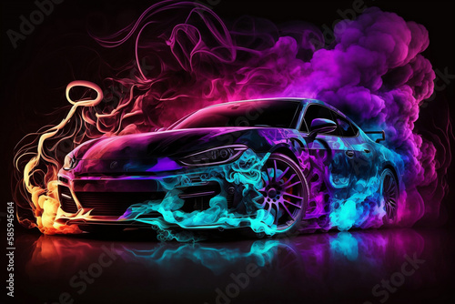 Car in a cloud of colored smoke