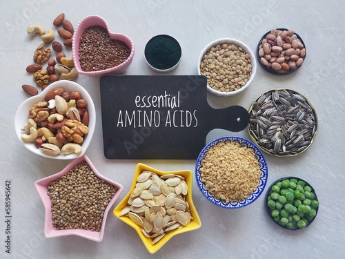 Protein rich foods. Plant-based protein. Natural sources of essential amino acid for vegan. Healthy vegetarian foods high in amino acids, protein and other important nutrients. Nuts, seeds, spirulina.
