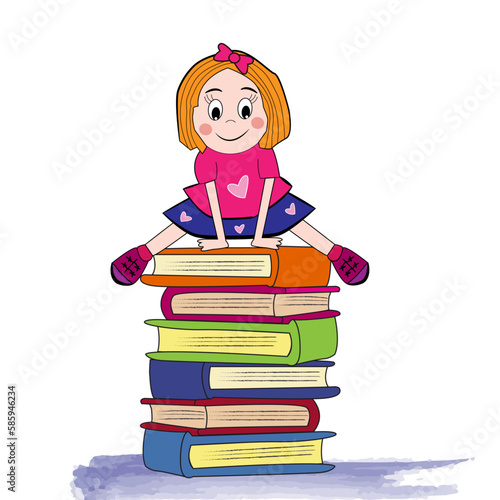 Niña feliz saltando sobre libros.