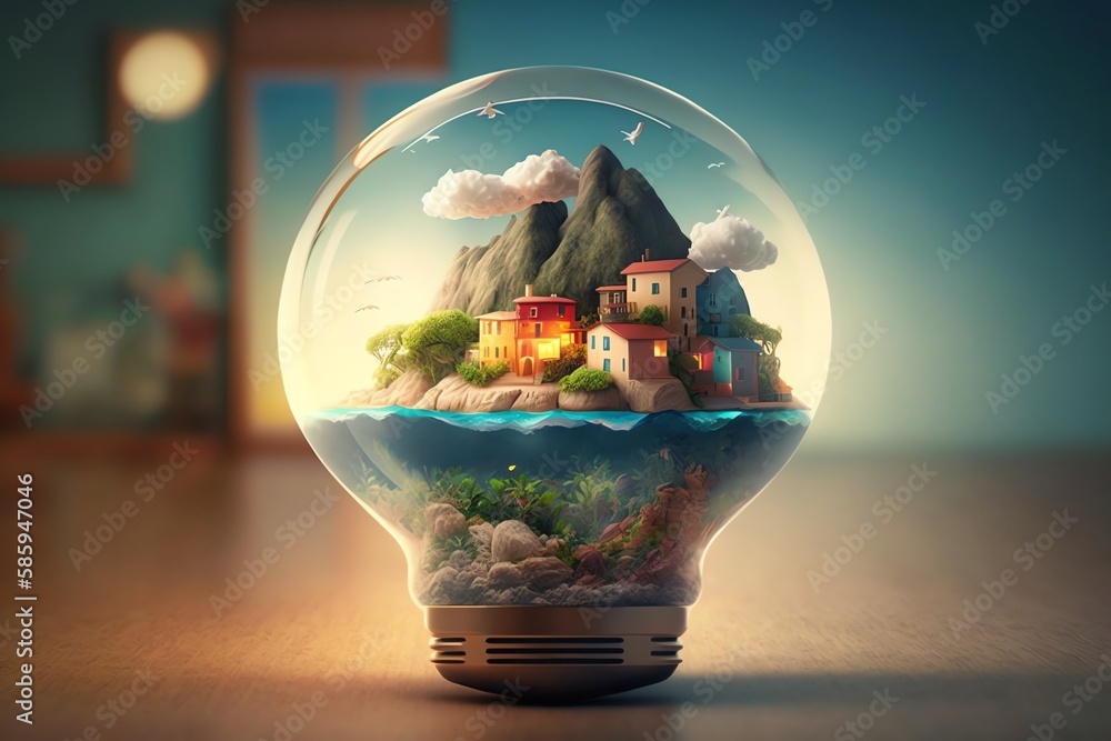 realistic light bulb cute mini city, mini world realistic light bulb cute mini city, mini world