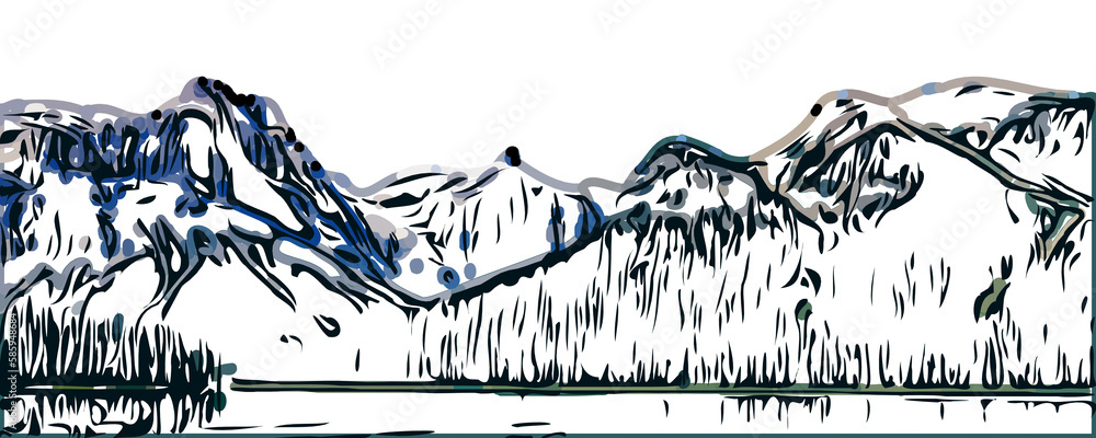 Obraz premium Sketches of landscape and mountain with transparent background