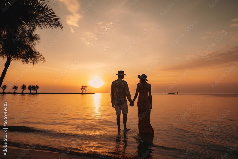 Fototapeta premium Young couple watching sunset on the beach