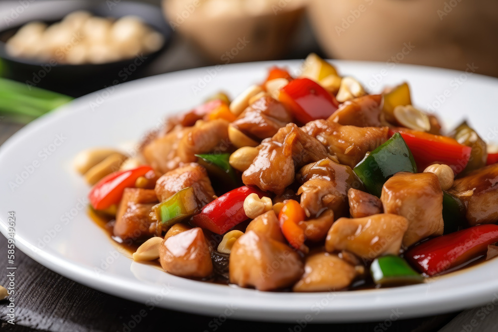 Traditional Kung Pao Chicken with Diced Vegetables and Soy Sauce, generative ai Traditional Kung Pao Chicken with Diced Vegetables and Soy Sauce, generative ai